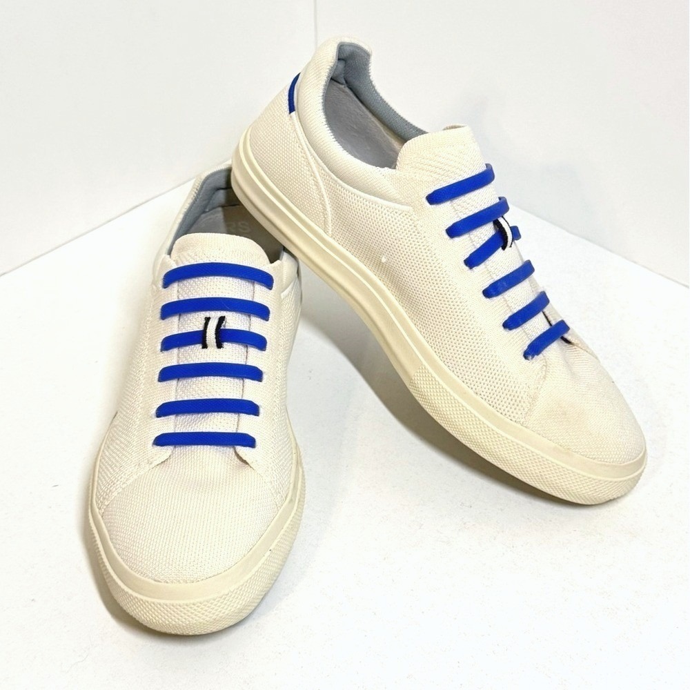 Rothy's RS01 Cream Canvas Knit Sneakers Blue No-Tie Laces Unisex Low Top